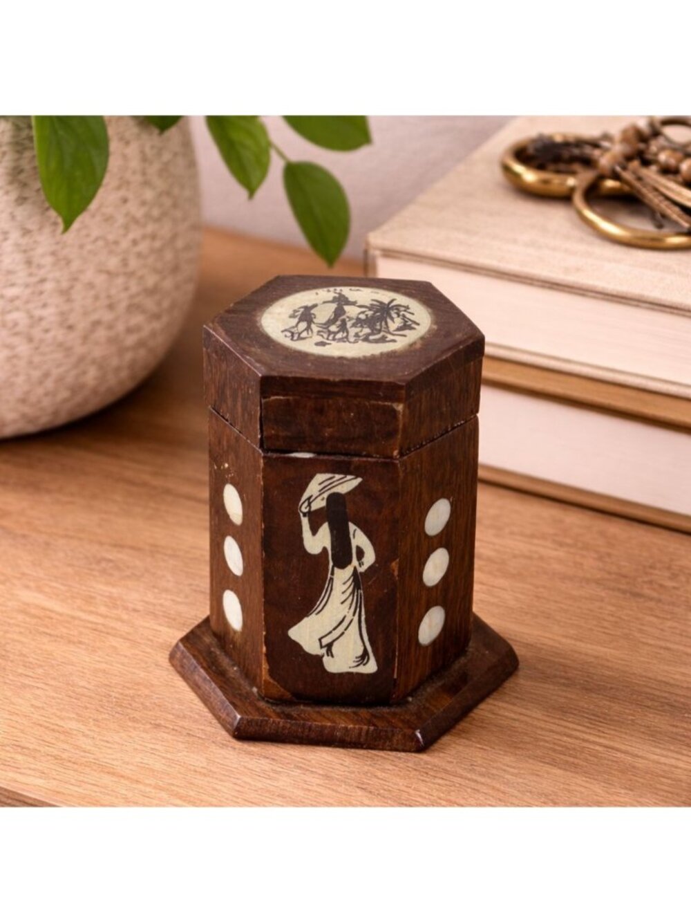 Vintage Hexagonal Wooden Trinket Box With Hand-Painted Vietnamese Artwork & Hing